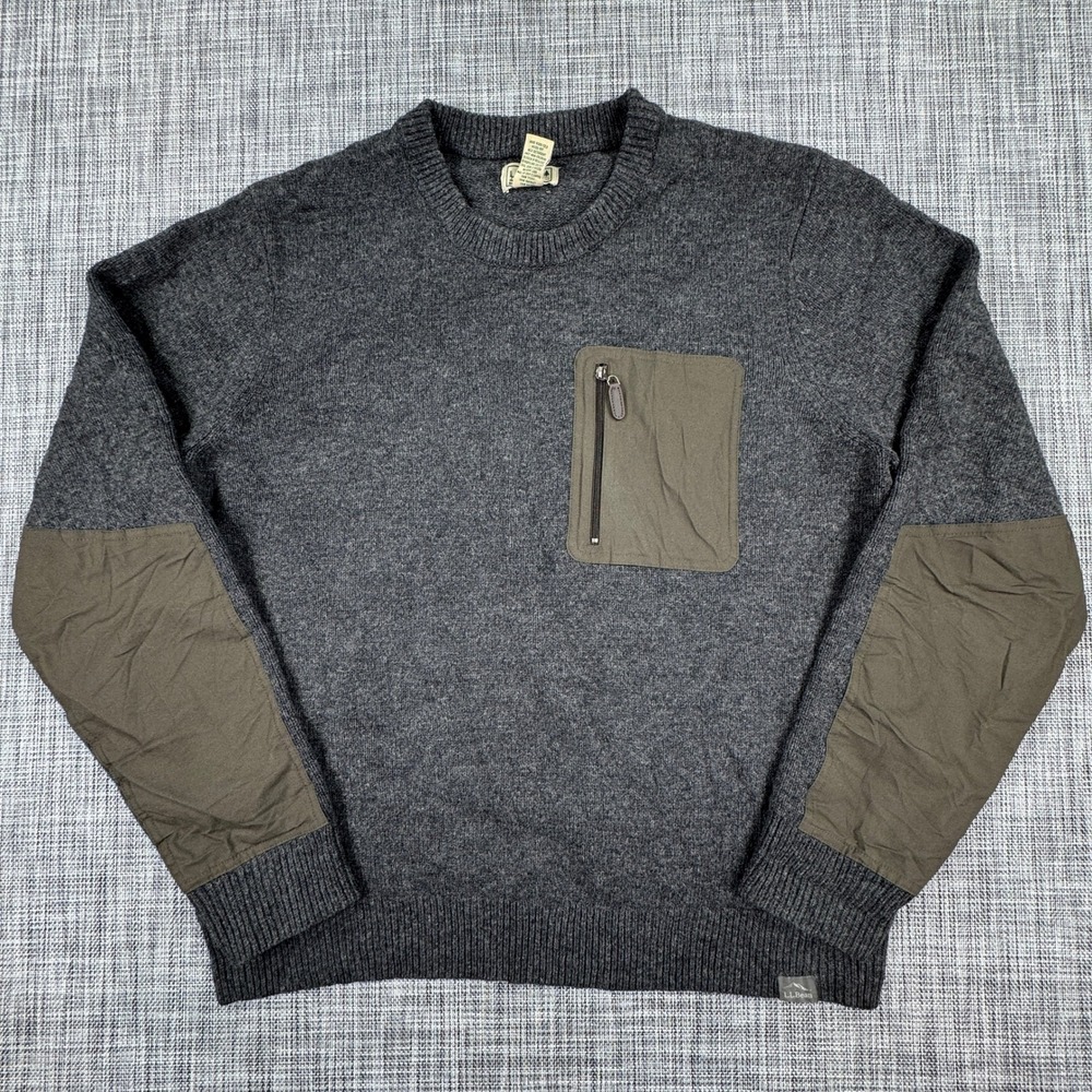 LL Bean Mens XL Maine Guide Merino Lambswool Sweater Gray Zip Pocket Elbow Patch